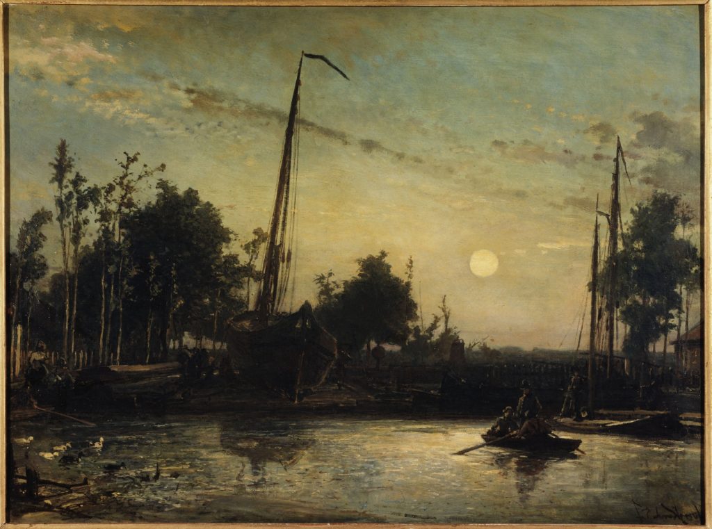 Bateau en construction en bord de canal, Paysage hollandais