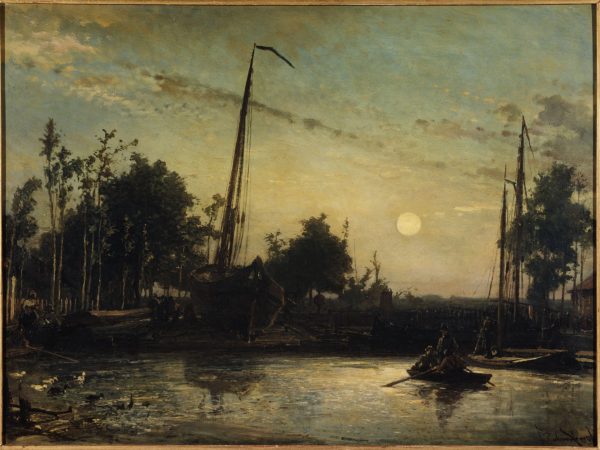 Bateau en construction en bord de canal, Paysage hollandais