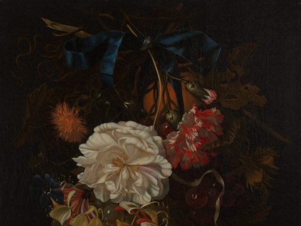 Bouquet of Flowers and Fruit with Blue Ribbon