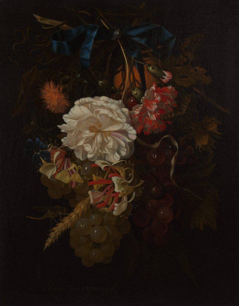 Bouquet of Flowers and Fruit with Blue Ribbon