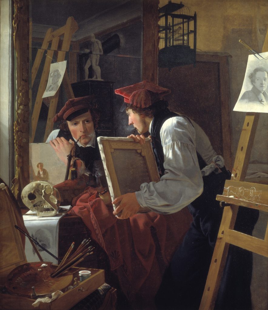 En ung kunstner (Ditlev Blunck) betragter en skitse i et spejl