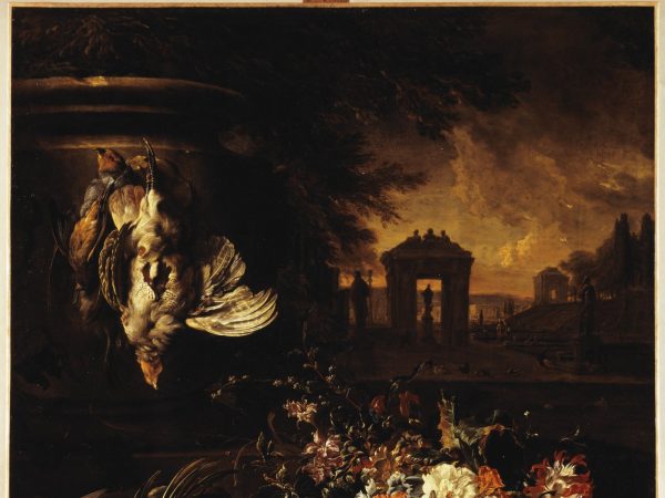 Fleurs et gibier mort devant un paysage
