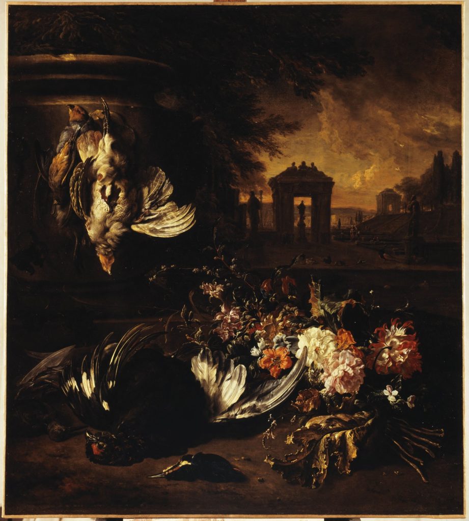 Fleurs et gibier mort devant un paysage
