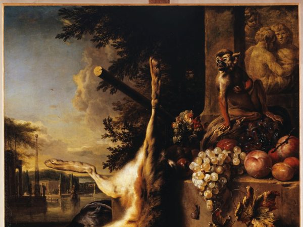 Gibier mort, singe et fruits devant un paysage