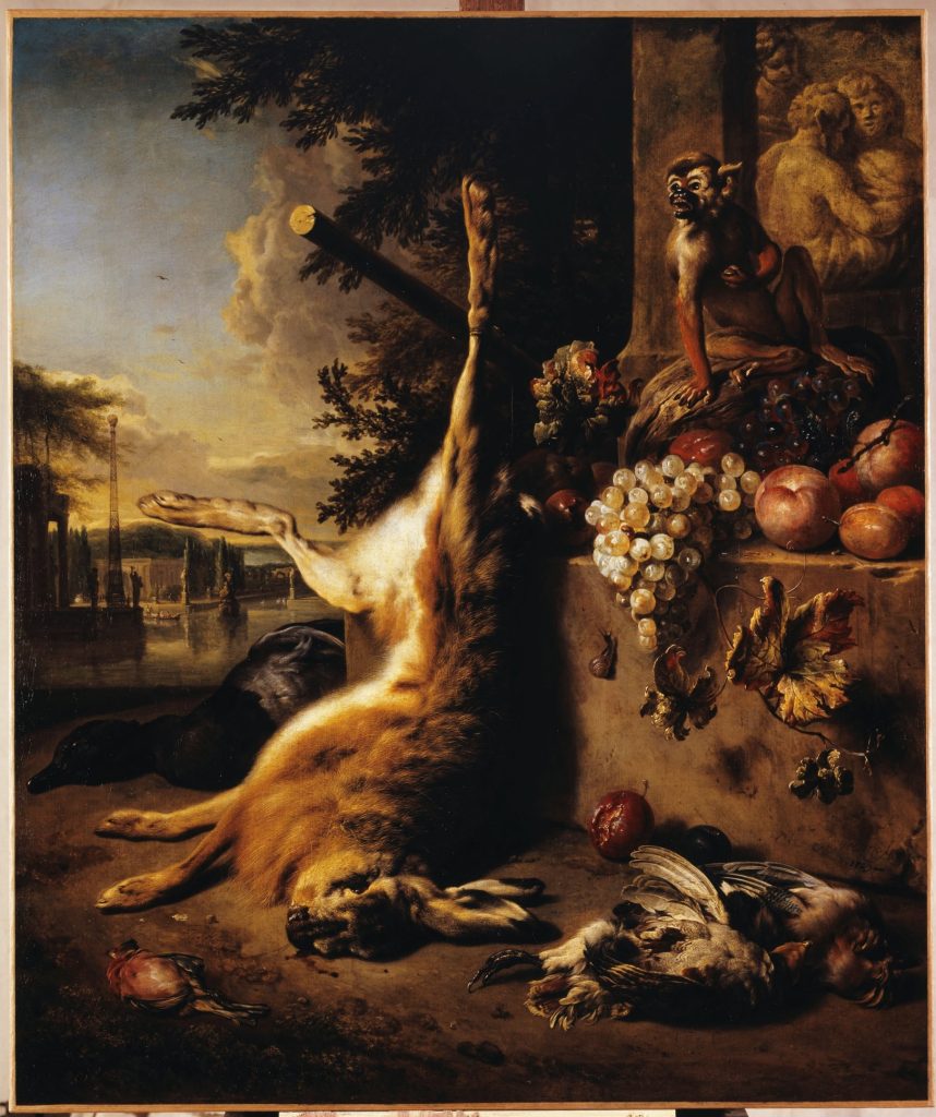 Gibier mort, singe et fruits devant un paysage