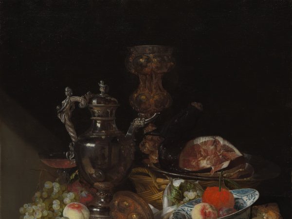 Silver Wine Jug, Ham, and Fruit