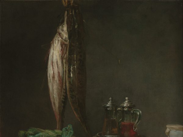 Still Life with Fish, Vegetables, Gougres, Pots, and Cruets on a Table