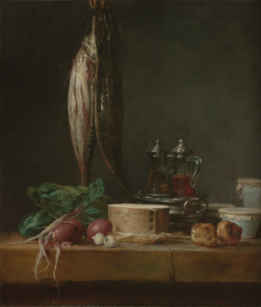Still Life with Fish, Vegetables, Gougres, Pots, and Cruets on a Table