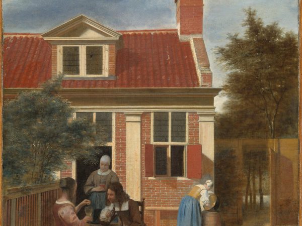 Three Women and a Man in the Courtyard behind a House