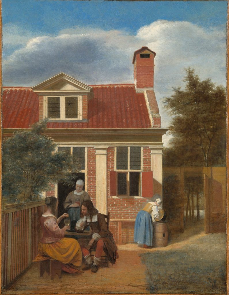 Three Women and a Man in the Courtyard behind a House