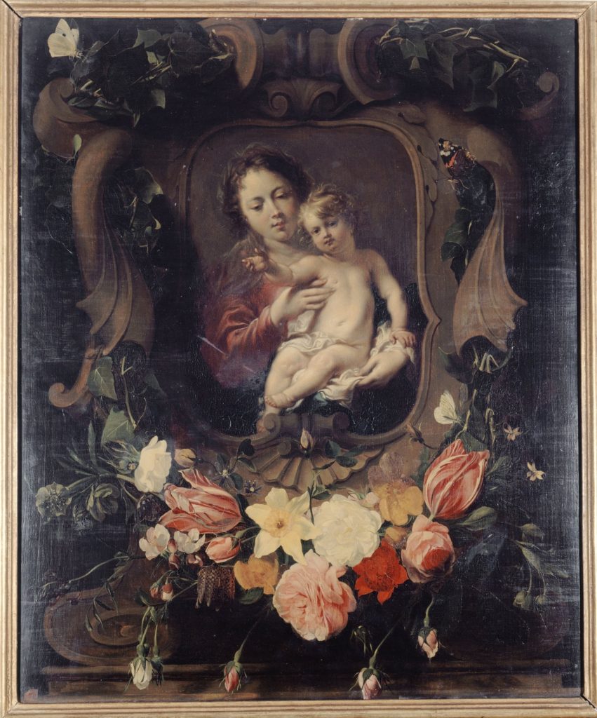 Vierge à l'enfant dans une couronne de fleurs