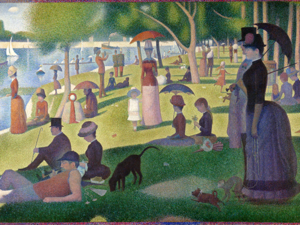 Park scene of figures relaxing by a river rendered in dots of colour