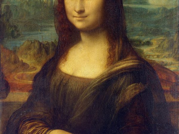 Half-length portrait of a woman with folded hands and an enigmatic smile