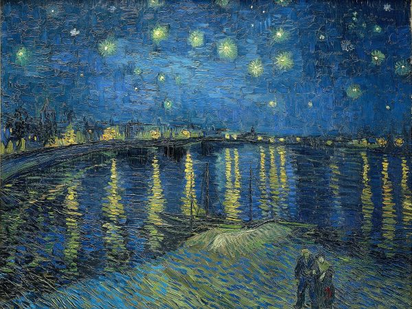 Night sky with swirling stars above the Rhône, gas lights reflecting on dark water