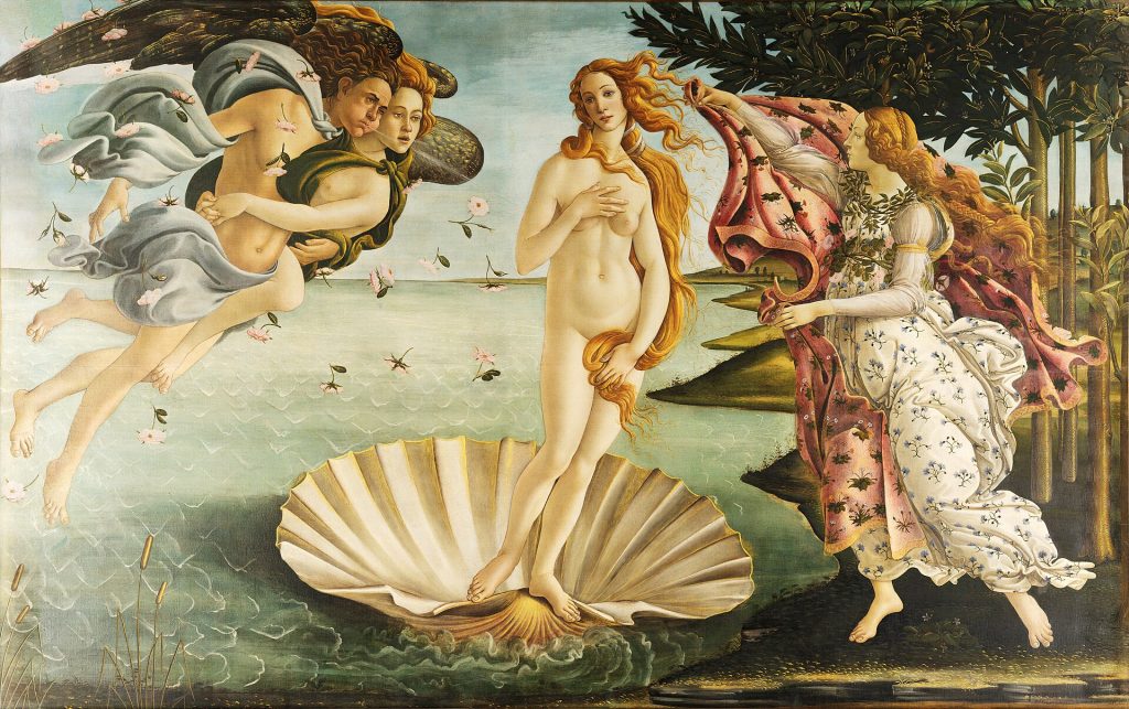 Nude goddess standing on a shell amid wind gods and orange grove
