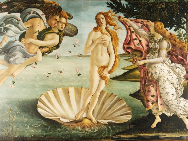 Nude goddess standing on a shell amid wind gods and orange grove