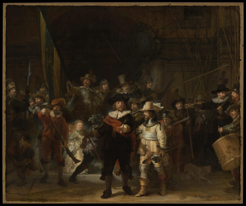 Large group portrait of an armed civic militia company in motion