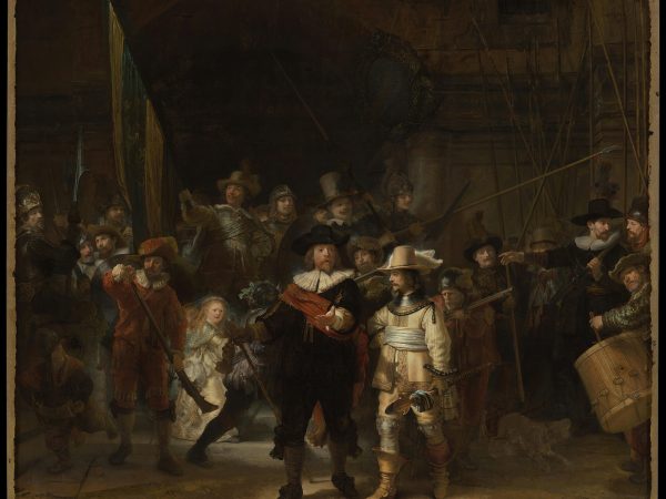Large group portrait of an armed civic militia company in motion