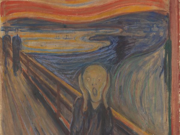 Androgynous figure on a bridge clutching its face under swirling sky