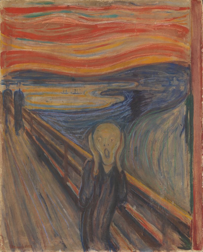 Androgynous figure on a bridge clutching its face under swirling sky